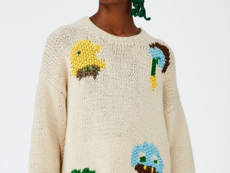 Handknit Intarsia Crewneck Pullover Online Sale